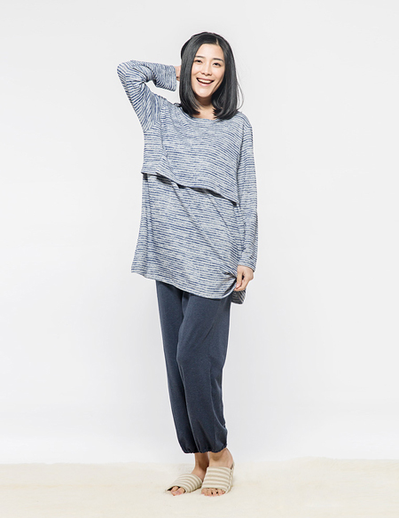 人棉彩条哺乳睡衣套