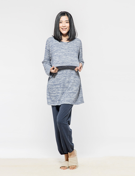 人棉彩条哺乳睡衣套
